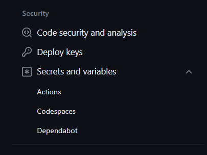 Screenshot of the "Security" section of the sidebar, showing the "Secrets and variables" link.