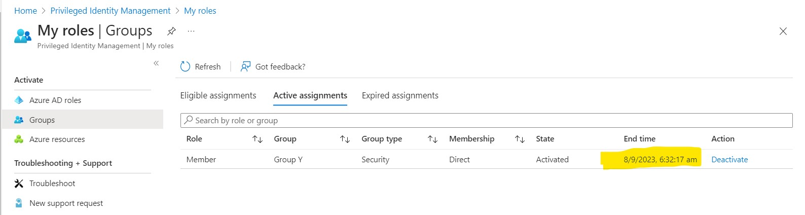 User A Role Activation in PIM : Assignment Time 