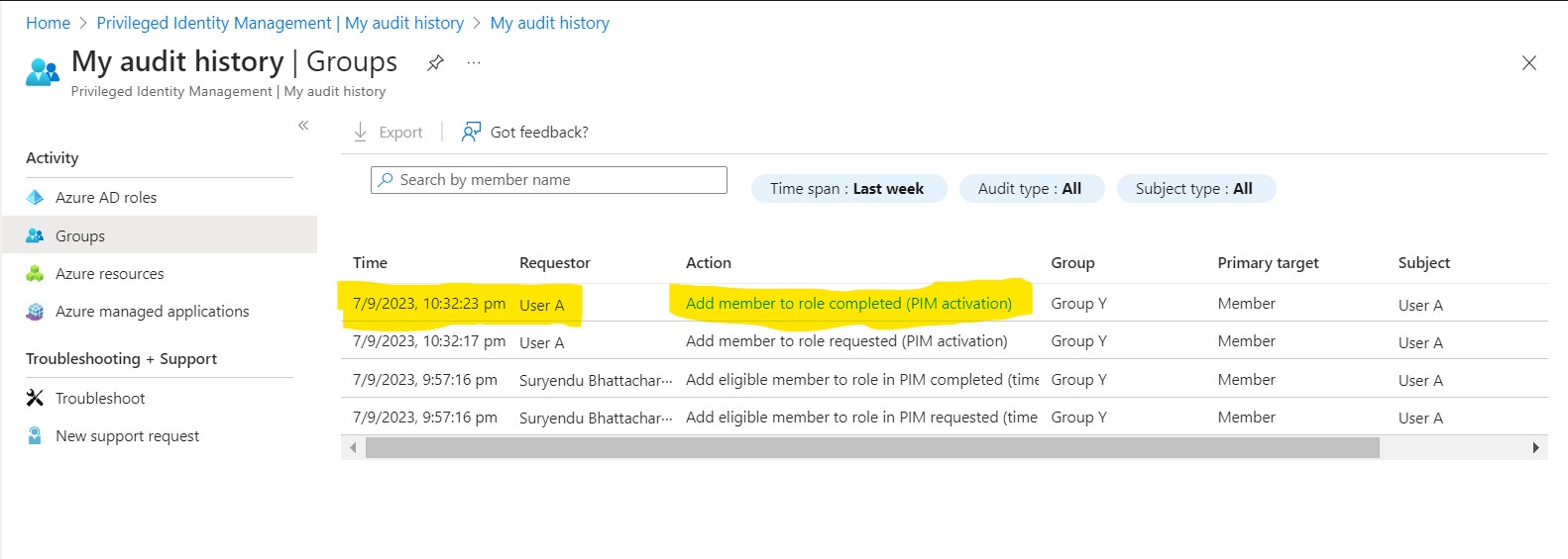 User A Role Activation in PIM Audit Log