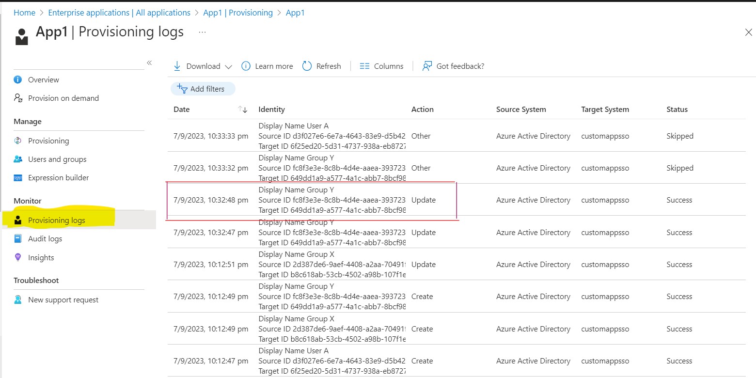 Group Y Provisioning in Provisioning Log