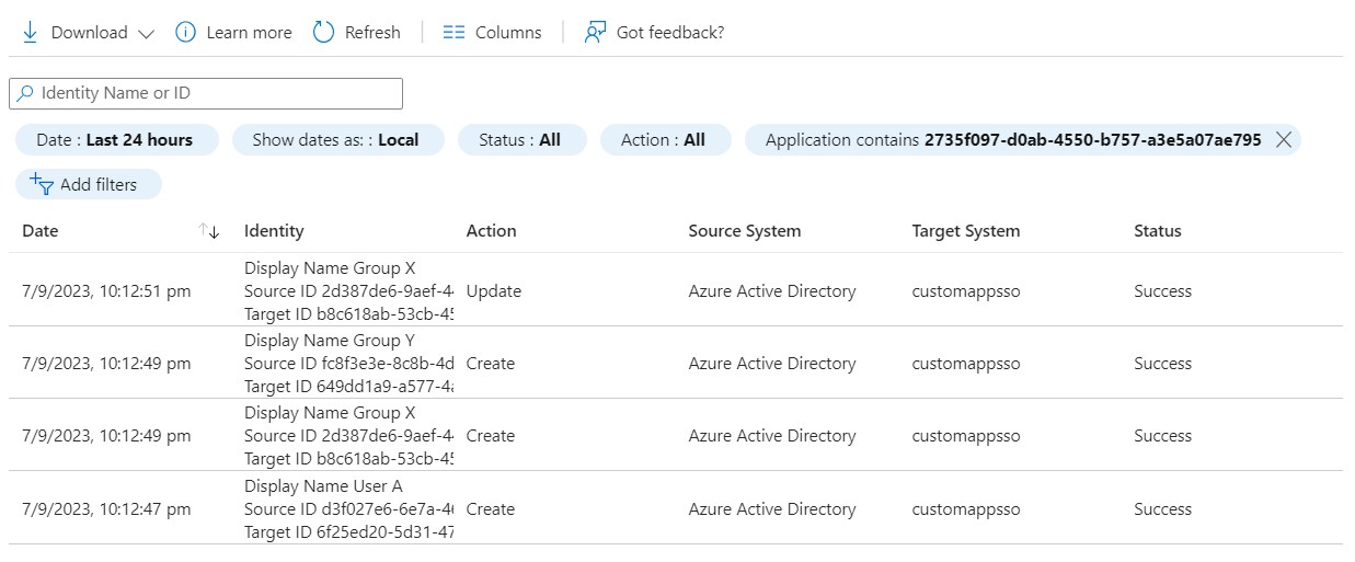 Provisioning of  Users and Groups In App1 Provisioning Logs